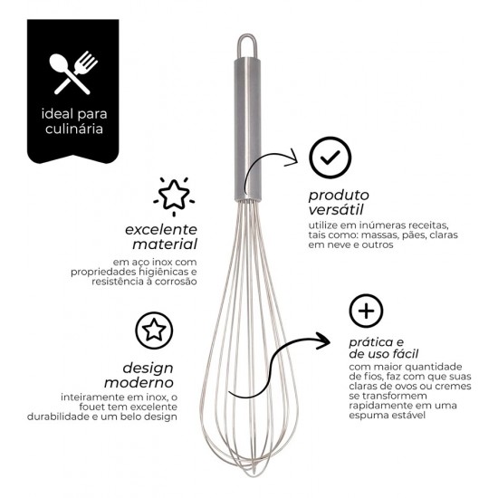 Batedor Manual 30,5cm Para Ovos Fouet Aço Inox Mimo Style